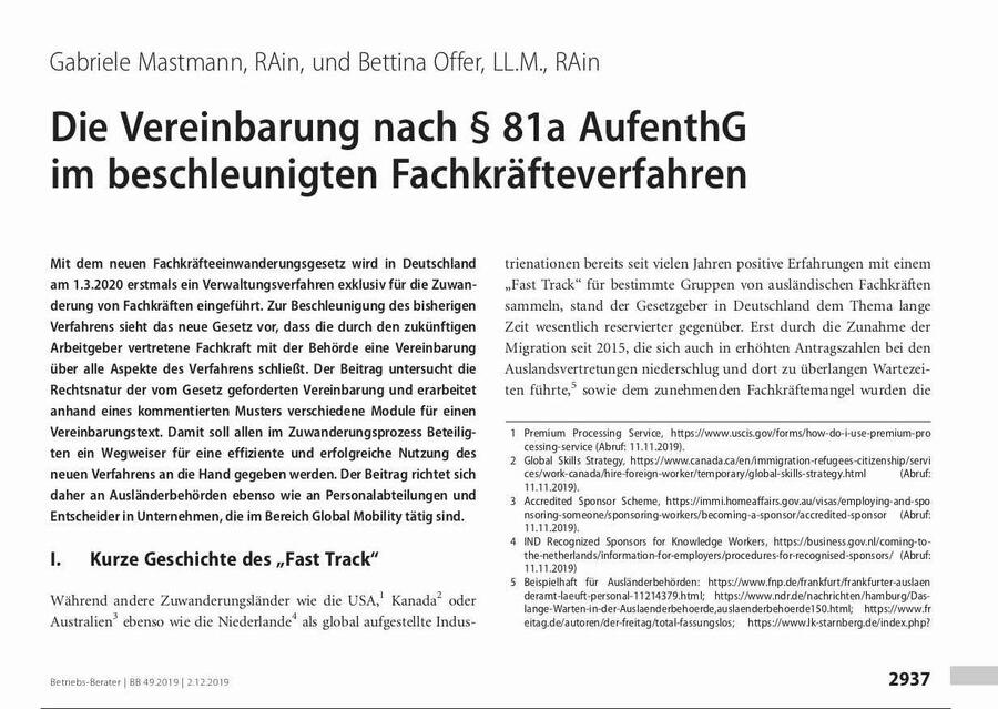 The agreement according to § 81a AufenthG in accelerated specialist procedure